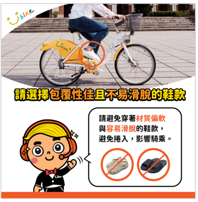 圖3.騎YouBike請選擇包覆性佳且不易滑脫的鞋款