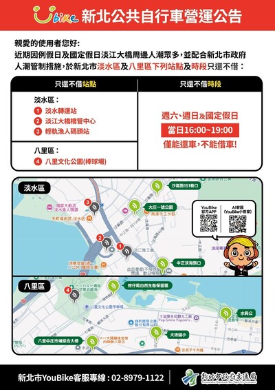 4站YouBike於例假日及國定假日16-19時只還不借營運公告